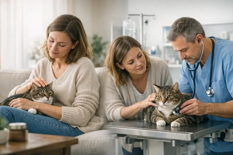 Vorsorgeuntersuchung Katze Eine Katze erhält eine Vorsorgeuntersuchung beim Tierarzt, um potenzielle Gesundheitsrisiken frühzeitig zu erkennen.