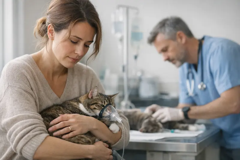 Notfallsituation bei Katzen Katze, die einen tierärztlichen Notfall benötigt, während sie lethargisch auf einer Liege liegt.