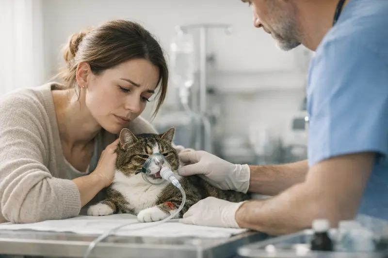 Katze in einer kritischen gesundheitlichen Situation, die tierärztliche Hilfe benötigt.