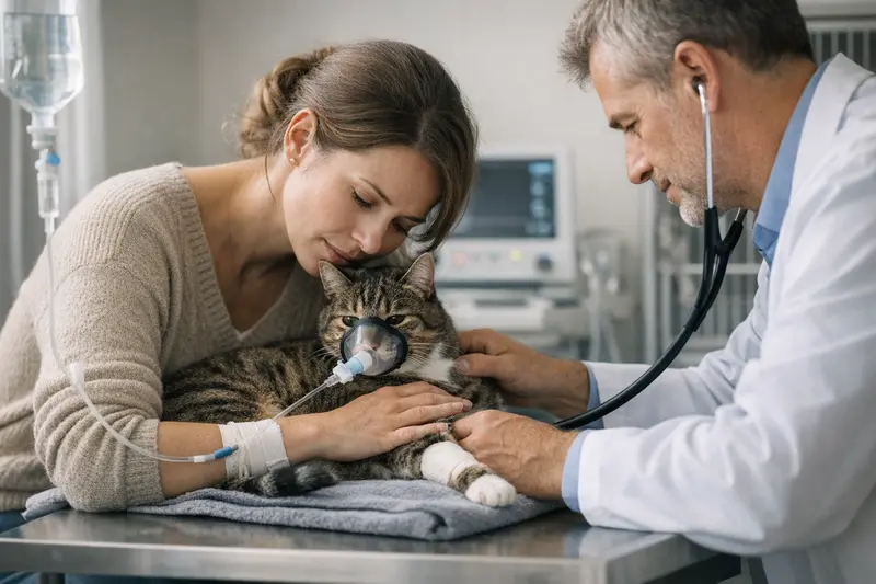 Eine Katze wird beim Tierarzt untersucht, während eine Tierärztin verschiedene Diagnosetests durchführt.