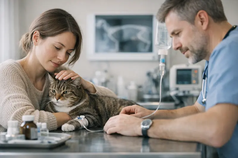 Notfallbehandlung Katze Tierarzt Tierarzt untersucht eine Katze während einer Notfallbehandlung zur Absicherung.
