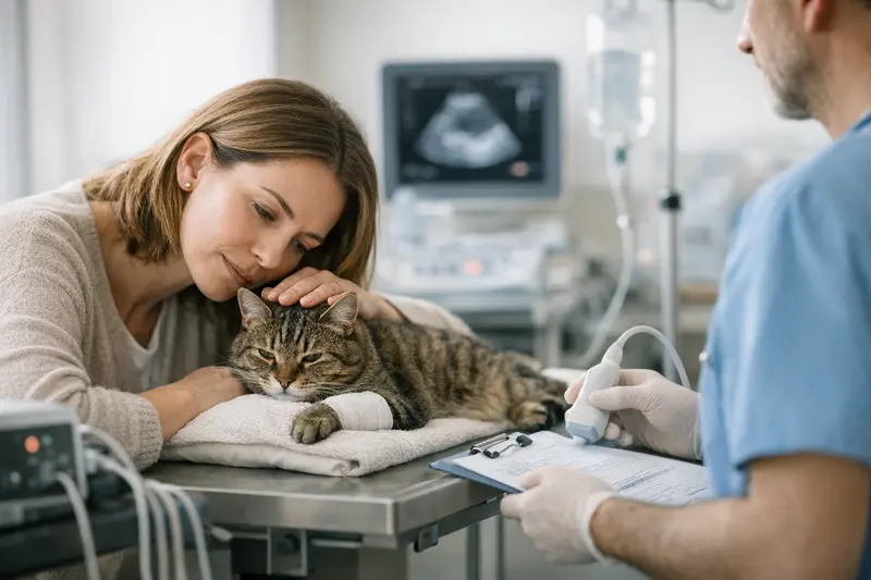 Tierarztuntersuchung Katze Notfall Eine Katze wird in einer Tierarztpraxis untersucht, um mögliche Notfallbehandlungen zu besprechen.