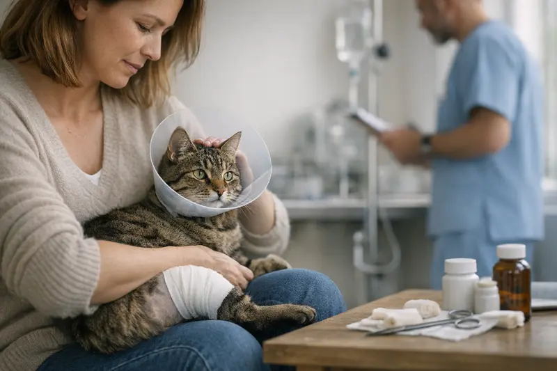 Eine Katze beim Tierarzt zur Untersuchung nach einer Operation.