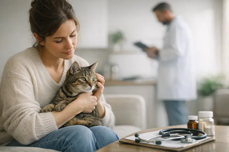 Katzenversicherung Informationen Eine gesunde Katze beim Tierarzt, während die Halterin sich über Katzenversicherungen informiert.