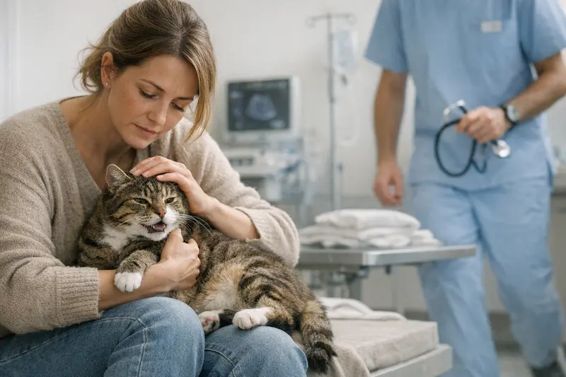Eine Katze mit Atemproblemen sitzt besorgt auf einem Tisch beim Tierarzt.