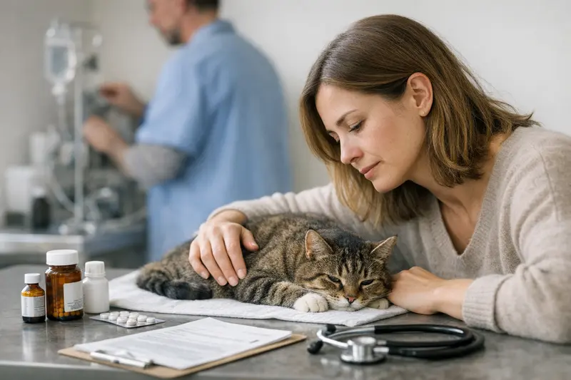 Katzen Notfalluntersuchung beim Tierarzt Eine Katze beim Tierarzt, die für einen Notfall untersucht wird, während der Halter sich über Tarifdetails informiert.