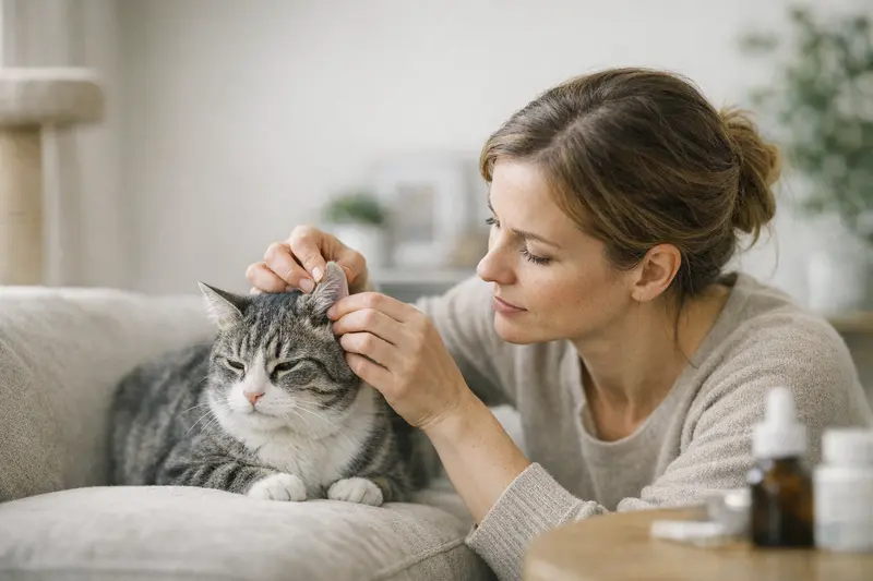 Katzenohrenentzündung Tierarztbesuch Eine Katze mit Ohrenentzündung untersucht beim Tierarzt.