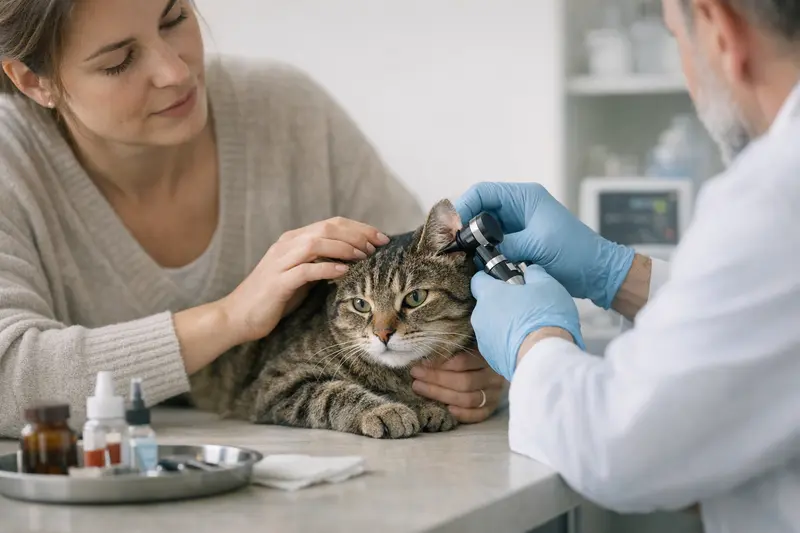 Tierärztliche Behandlung bei Katzenohrenentzündung Eine Katze erhält tierärztliche Behandlung aufgrund einer Ohrenentzündung.