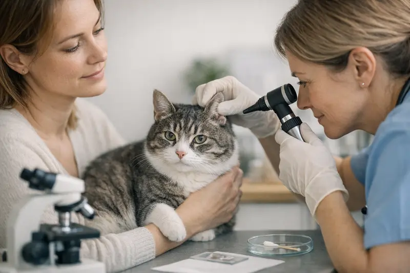 Untersuchung der Ohren einer Katze beim Tierarzt Tierarzt untersucht die Ohren einer Katze auf mögliche Entzündungen