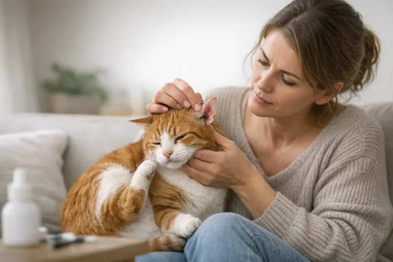 Anzeichen einer Ohrenentzündung bei Katzen Eine Katze, die sich die Ohren kratzt und dabei Anzeichen einer Ohrenentzündung zeigt.