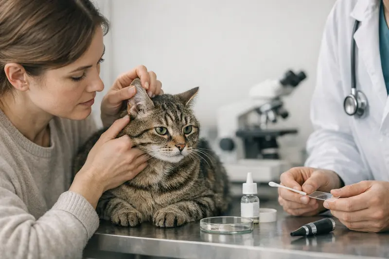 Tierarzt untersucht die Ohren einer Katze auf Anzeichen einer Ohrenentzündung.