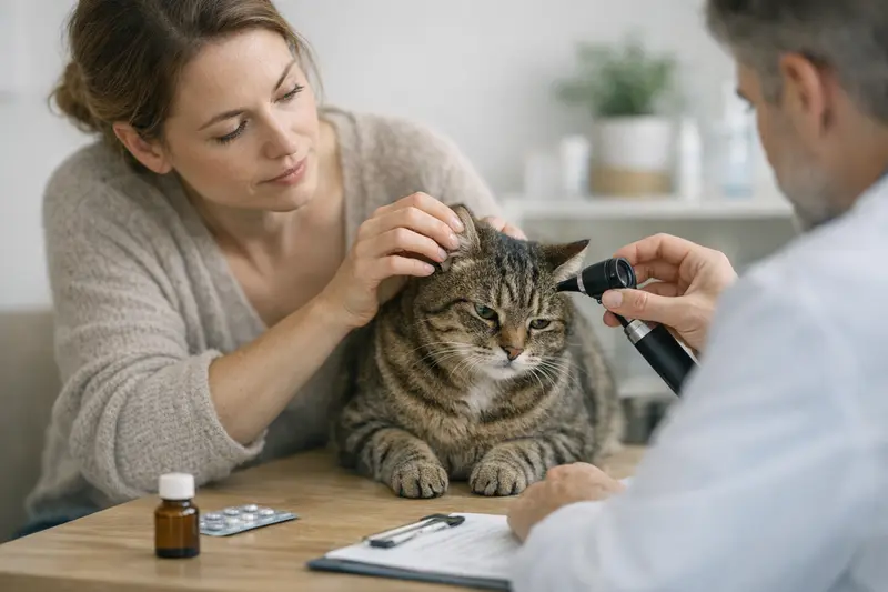 Tierarztbehandlung von Ohrproblemen bei Katzen Tierarzt, der eine Katze mit Ohrproblemen behandelt.
