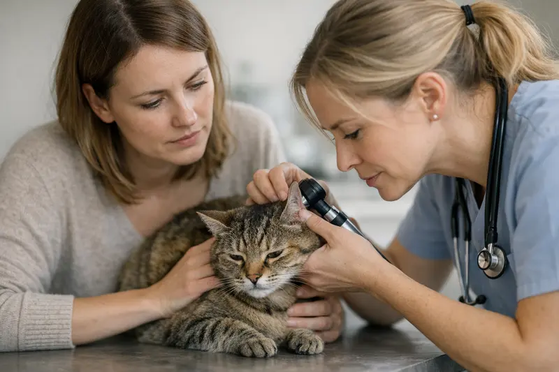 Katzenohrenprobleme Hilfe Eine Katze mit einer Ohrenentzündung beim Tierarzt.