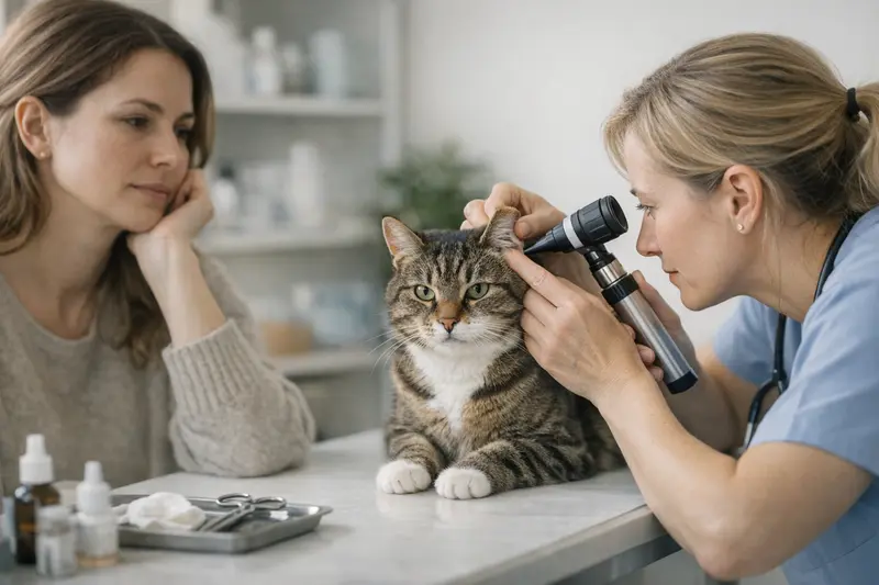 Tierarzt untersucht die Ohren einer Katze auf mögliche Probleme.