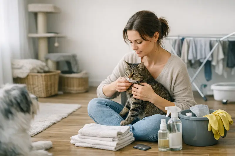 Katzenparasiten Behandlung im Haushalt Katzenhalterin behandelt ihre Katze gegen Parasiten und achtet auf Hygiene im Haushalt.