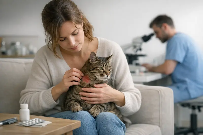 Tierarztbesuch bei Hautproblemen von Katzen Eine Katze wird beim Tierarzt untersucht, um Haut- und Parasitenprobleme zu diagnostizieren.