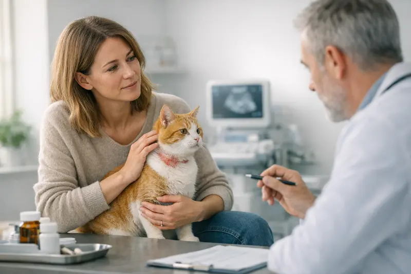 Tierarztkosten für Katzen vermeiden Glückliche Katze beim Tierarzt, der eine Untersuchung durchführt und tierärztliche Kosten bespricht.