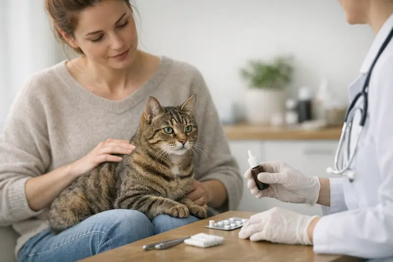 Vorsorge und Prophylaxe bei Katzen Eine glückliche Katze mit einem Tierarzt, der Vorsorge gegen Parasiten erklärt.