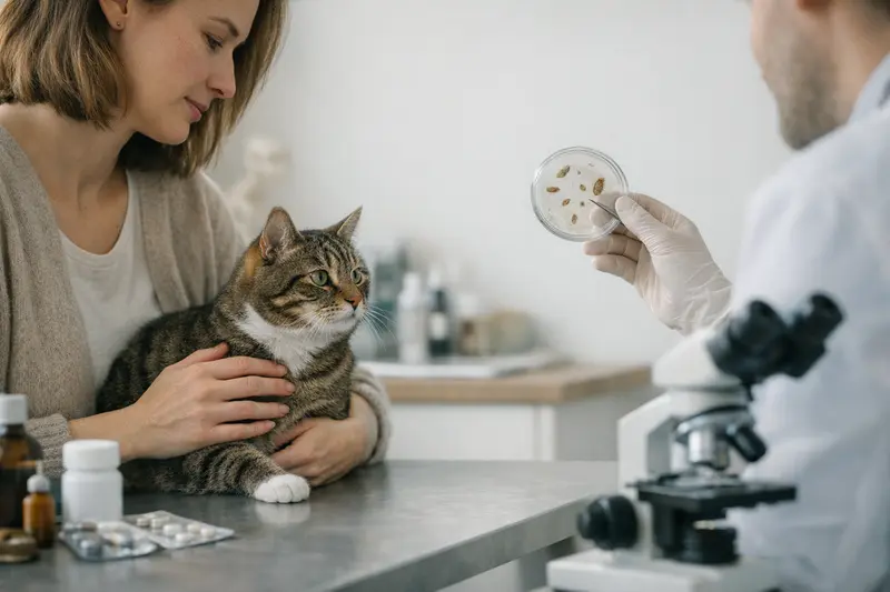 Eine Katze wird von einem Tierarzt auf Parasiten untersucht, um die Kosten der Behandlung abzuklären.