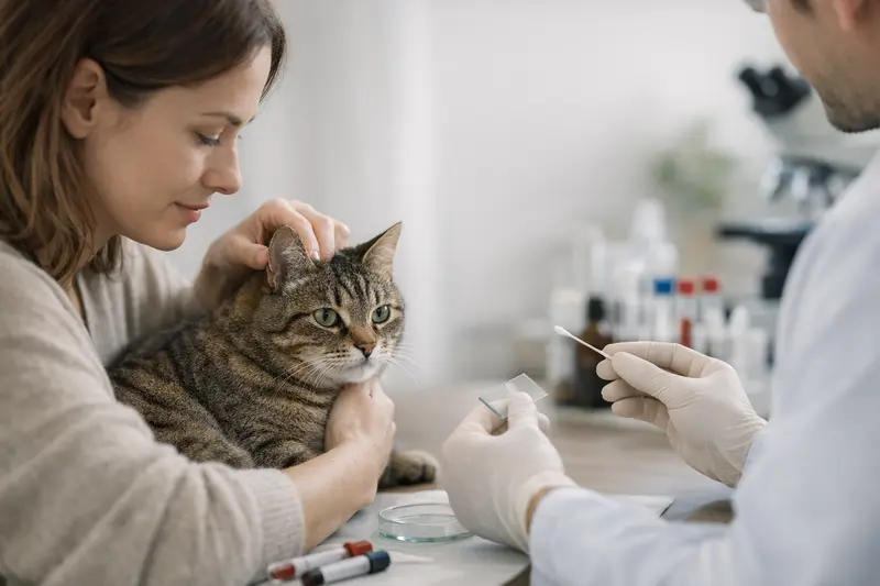 Tierarztuntersuchung bei Parasitenverdacht Ein Tierarzt untersucht eine Katze auf Parasiten und erklärt mögliche Diagnosen.