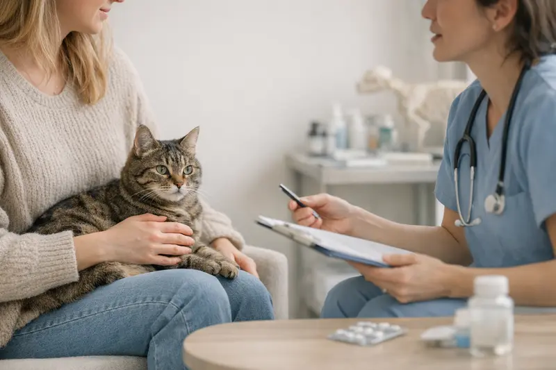 Tierarztuntersuchung Katze Eine Katze wird vom Tierarzt untersucht, symbolisiert die Wichtigkeit von Wartezeiten und bestehenden Beschwerden in der Tiergesundheit.