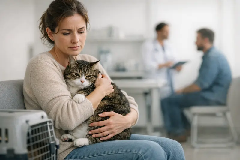 Eine Katze sitzt besorgt und zeigt Anzeichen von Unsauberkeit, was einen Arztbesuch nötig machen könnte.