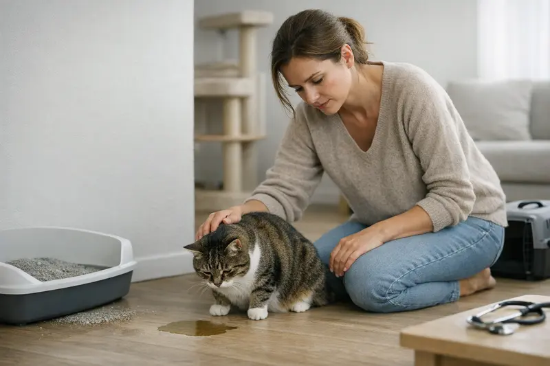 Katzensauberkeit Eine Katze steht neben ihrem Katzenklo und schaut betroffen, was auf eine mögliche Unsauberkeit hinweist.