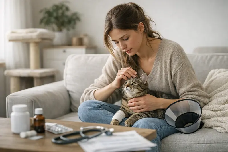 Gesunde Katze beim Tierarzt Junge Katze mit Tierarzt, die eine Untersuchung für gesunde Entwicklung erhält.