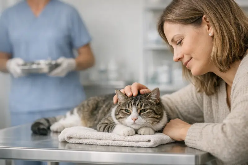 Tierarztbesuch für Kastration bei Katzen Eine Katze beim Tierarzt, während sie auf eine Kastration vorbereitet wird, symbolisiert die Frage nach den Kostenübernahmen durch eine Versicherung.