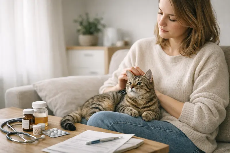 Tarifdetails für Katzen in der Pubertät Katzensilhouette vor einem medizinischen Hintergrund, der verschiedene Tarifdetails hervorhebt.