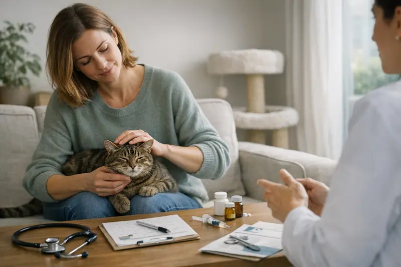 Tierarztkosten für Katzen planen Eine Katze während eines Tierarztbesuchs zur Impfkontrolle sitzt auf dem Behandlungstisch.