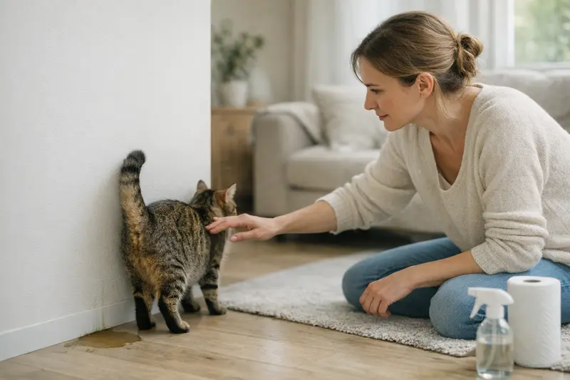Markierverhalten bei Katzen in der Pubertät Eine Katze in der Pubertät mit aufgerichtetem Schwanz, was das Markieren symbolisiert.