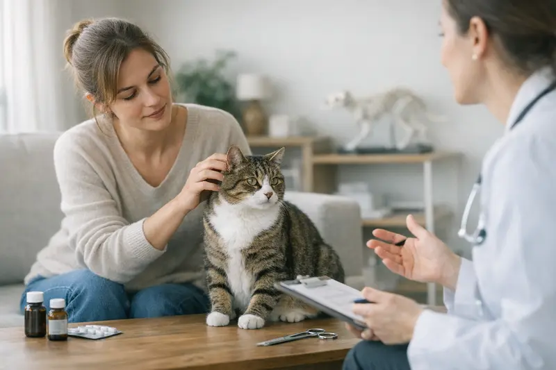 Katzengesundheit und Versicherung Eine Katze wird von einem Tierarzt untersucht, um ihre Gesundheitsversorgung zu klären.