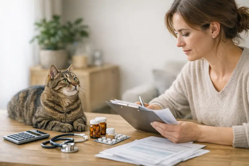 Tierarztbesuch für Katzenhaltern verstehen Eine Katze wird beim Tierarzt untersucht, während der Halter Informationen zur Versicherung auf einem Tablet liest.