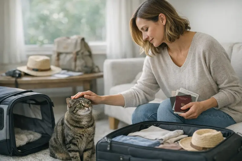 Katzenschutz auf Reisen Eine Katze sitzt auf einem Koffer, während der Besitzer die Reisevorbereitungen trifft.