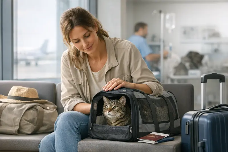 Katzentransport mit OP-Schutz Eine Katze sitzt sicher in einer Transportbox für Reisen, während die Besitzer über den OP-Schutz nachdenken.