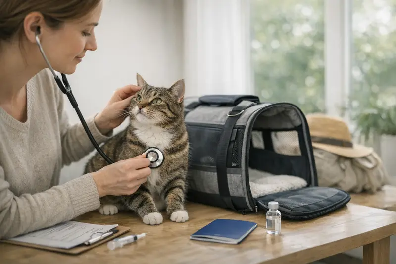 Vorsorgeleistungen für Katzen vor Reisen Eine Katze beim Tierarzt während eines Gesundheitschecks für die Reisevorbereitung.