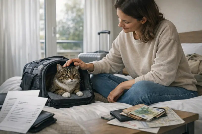 Katzengesundheit während Reisen Eine Katze wird bei einem Tierarzt untersucht, während die Tierarztkosten im Zusammenhang mit Selbstbeteiligungen diskutiert werden.