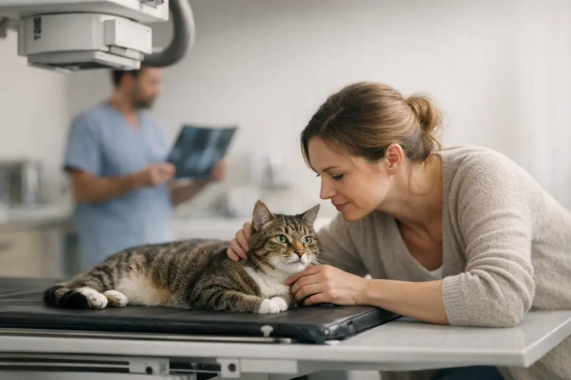 Röntgenaufnahme einer entspannten Katze ohne Sedierung auf dem Untersuchungstisch.