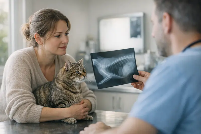 Röntgenuntersuchung bei der Katze Eine Katze beim Tierarzt, die für eine Röntgenuntersuchung vorbereitet wird, um gesundheitliche Probleme auszuschließen.