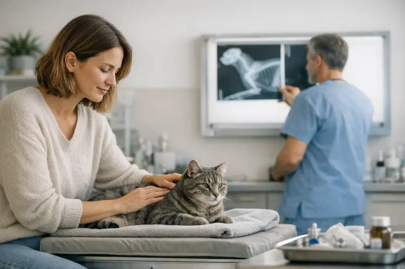 Tierarzt untersucht eine Katze für ein Röntgenbild.