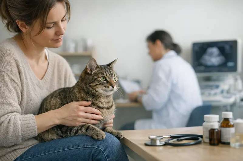 Eine Katze beim Tierarzt, die auf eine medizinische Untersuchung vorbereitet wird.