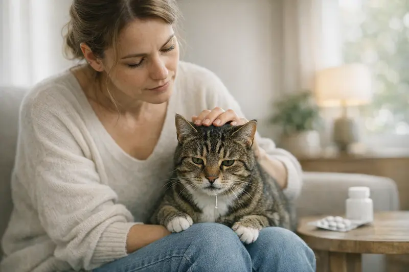 Sabbernde Katze auf dem Sofa Eine Katze, die sabbert, während sie entspannt auf einem Sofa liegt.
