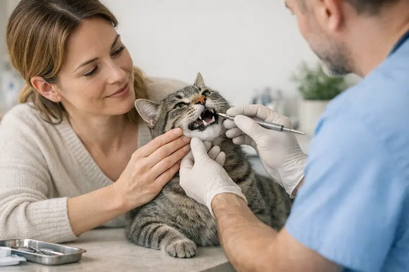 Tierärztliche Zahnuntersuchung bei Katzen Katze beim Tierarzt zur Zahnuntersuchung.