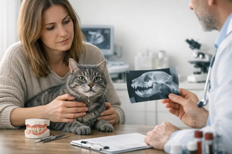 Ein Tierarzt untersucht eine sabbernde Katze auf mögliche gesundheitliche Probleme.