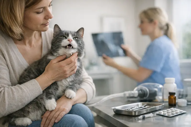 Eine Katze beim Tierarzt zur Untersuchung wiederkehrender Maulprobleme.