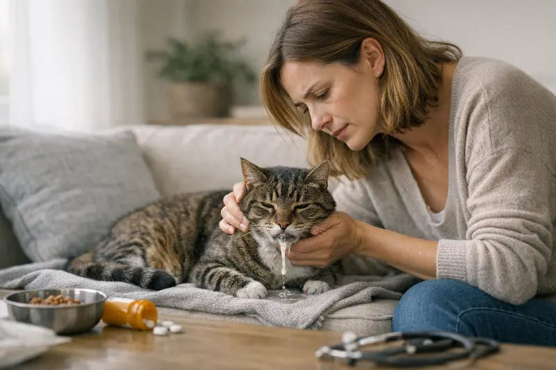 Warnzeichen für Notfälle bei Katzen Eine besorgte Katzenhalterin beobachtet ihre Katze, die schaumigen Speichel zeigt und Anzeichen eines Notfalls hat.