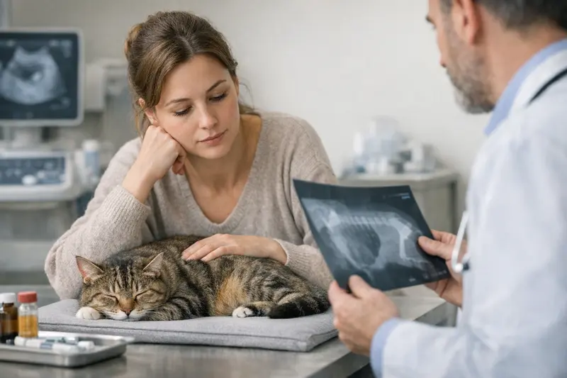Katzendoktor untersucht Katze auf Symptome, während der Besitzer aufmerksam zuschaut.