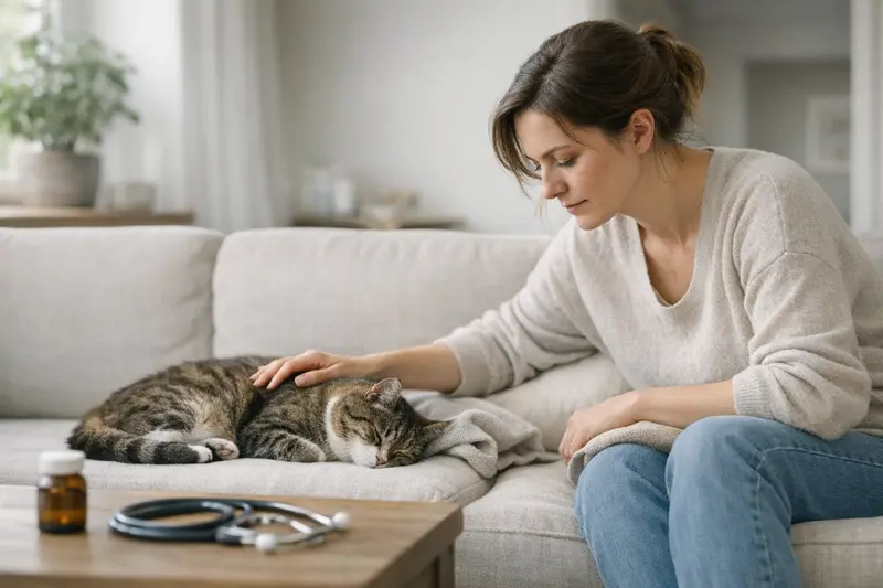 Katze schläft in einer ungewöhnlichen Position und zeigt Anzeichen von Unwohlsein