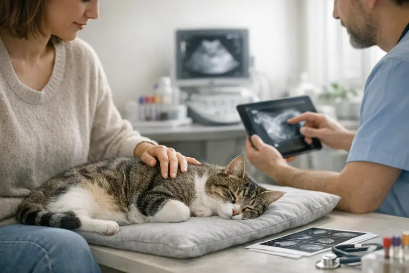 Tierärztliche Diagnostik bei Katzen Tierärztliche Untersuchung einer Katze zur Klärung von Gesundheitsfragen und Diagnosen.